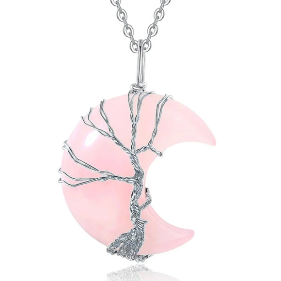 Pink rose quartz crescent moon tree life necklace - Picture 1 of 2